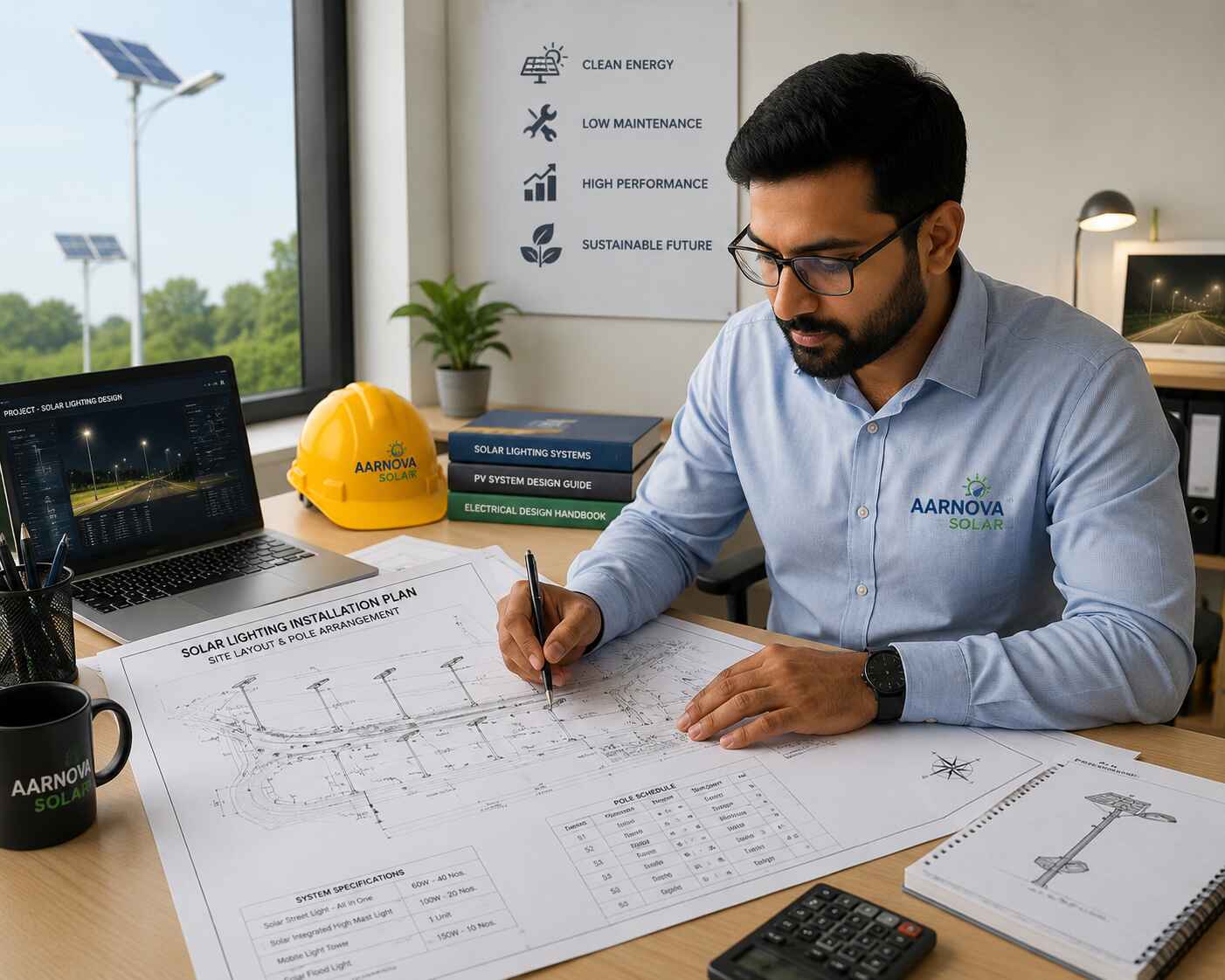 Aarnova Solar engineering professional reviewing solar lighting installation plans