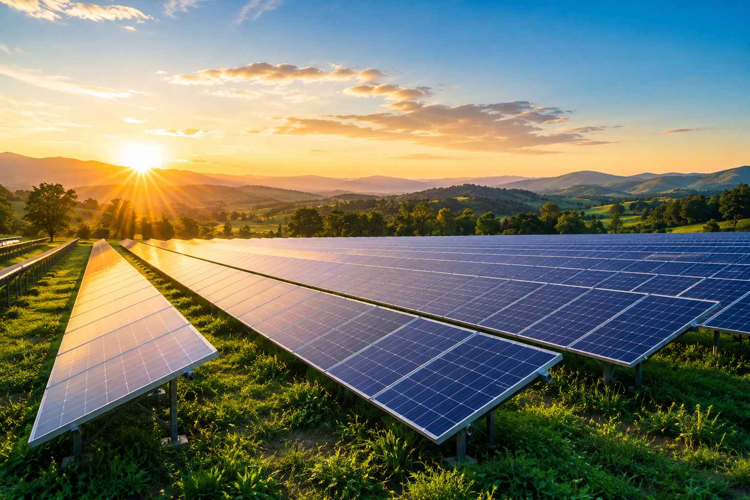Solar panel arrays in a green landscape at sunrise — Aarnova Solar's commitment to clean energy