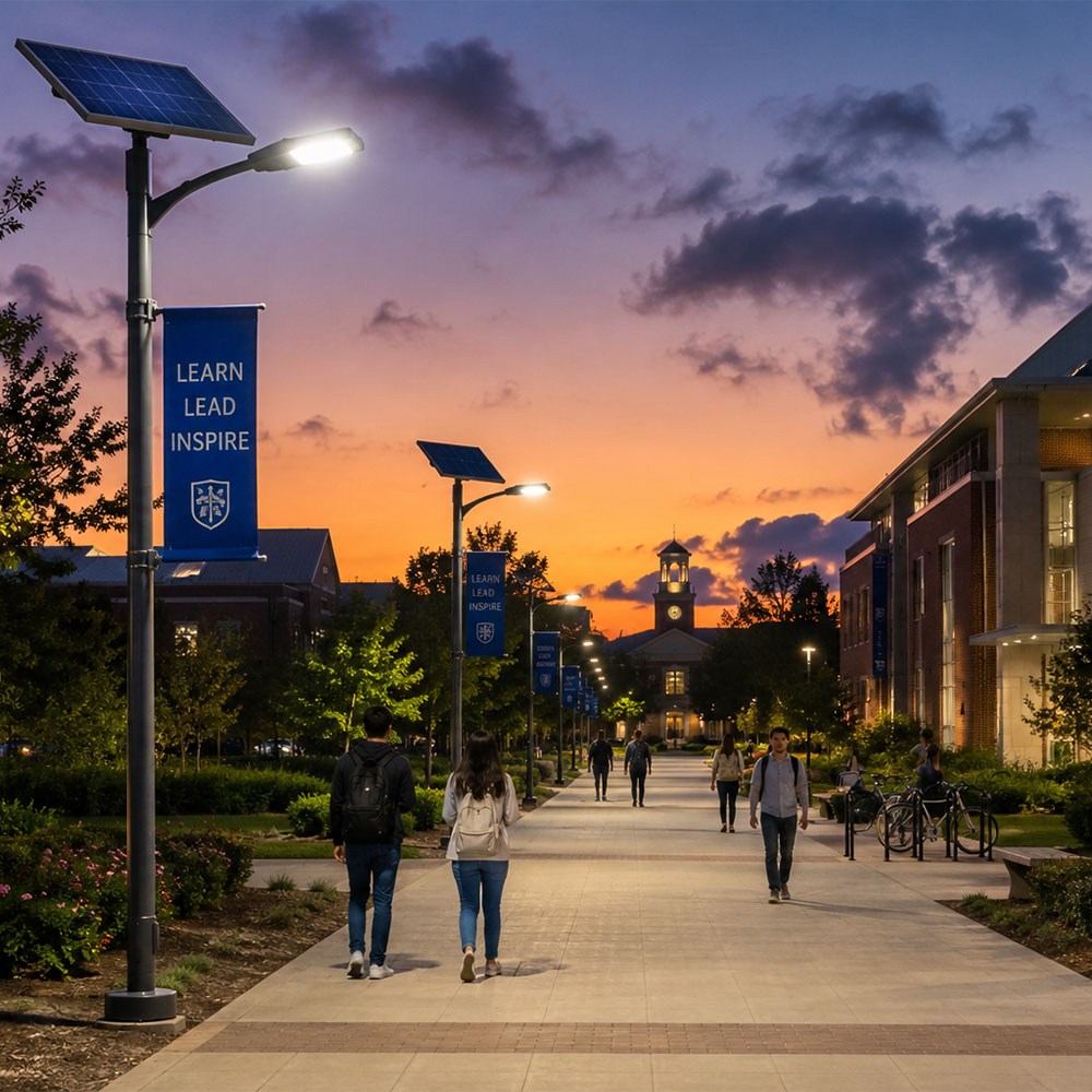 University campus walkway illuminated by solar LED street lights at dusk