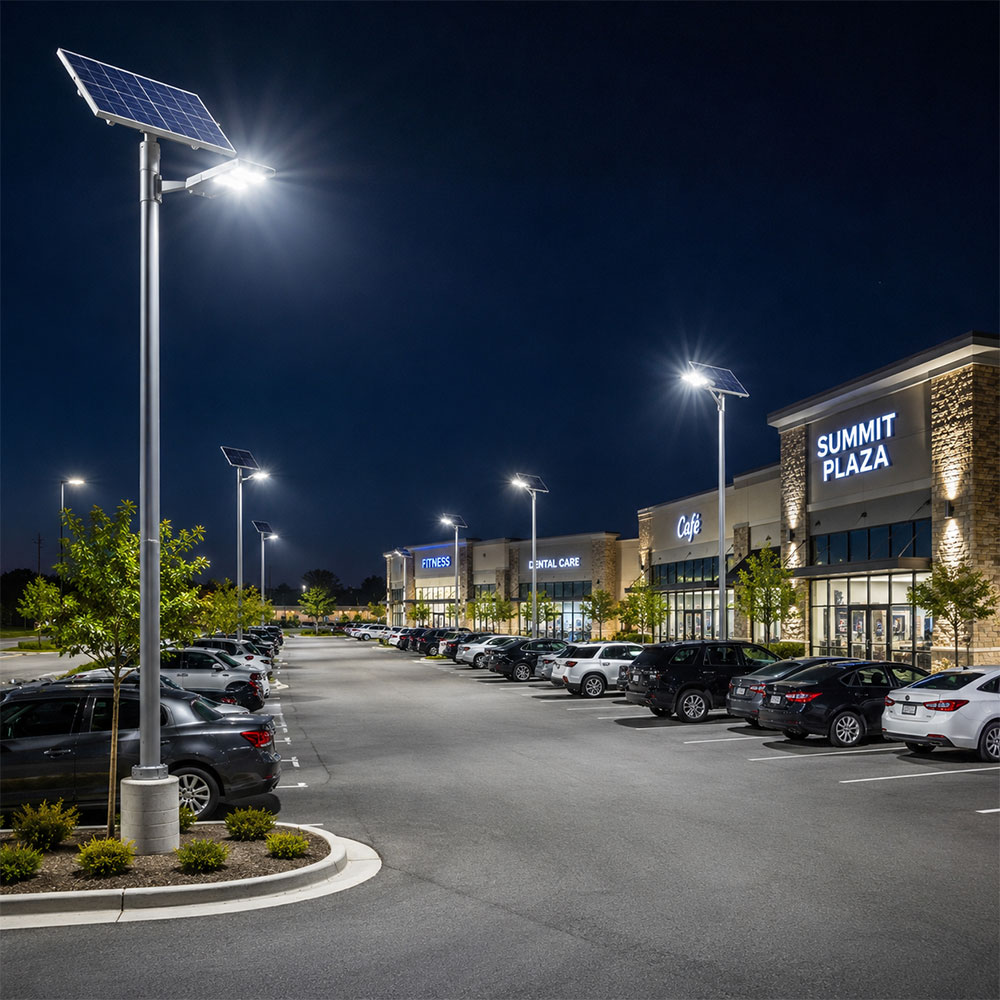 Commercial complex parking lot fully illuminated by solar flood lights at night