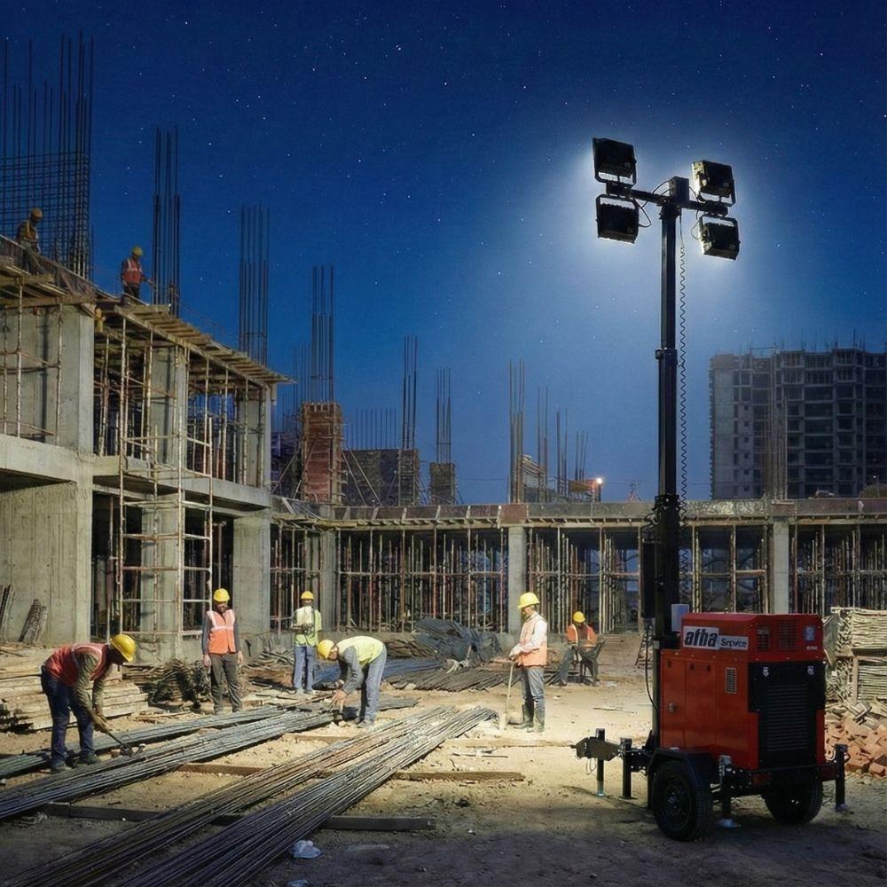 Mobile solar light tower deployed on an active construction site at night