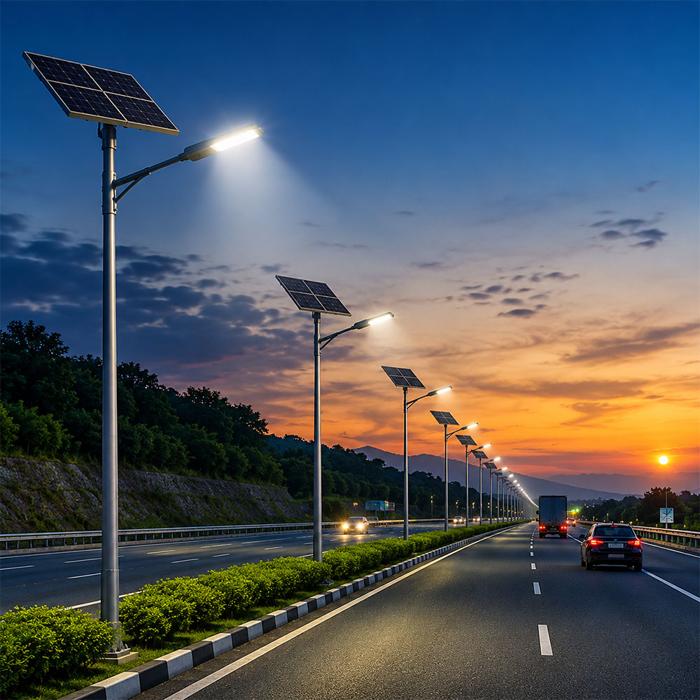 Solar street lights illuminating a wide national highway at dusk