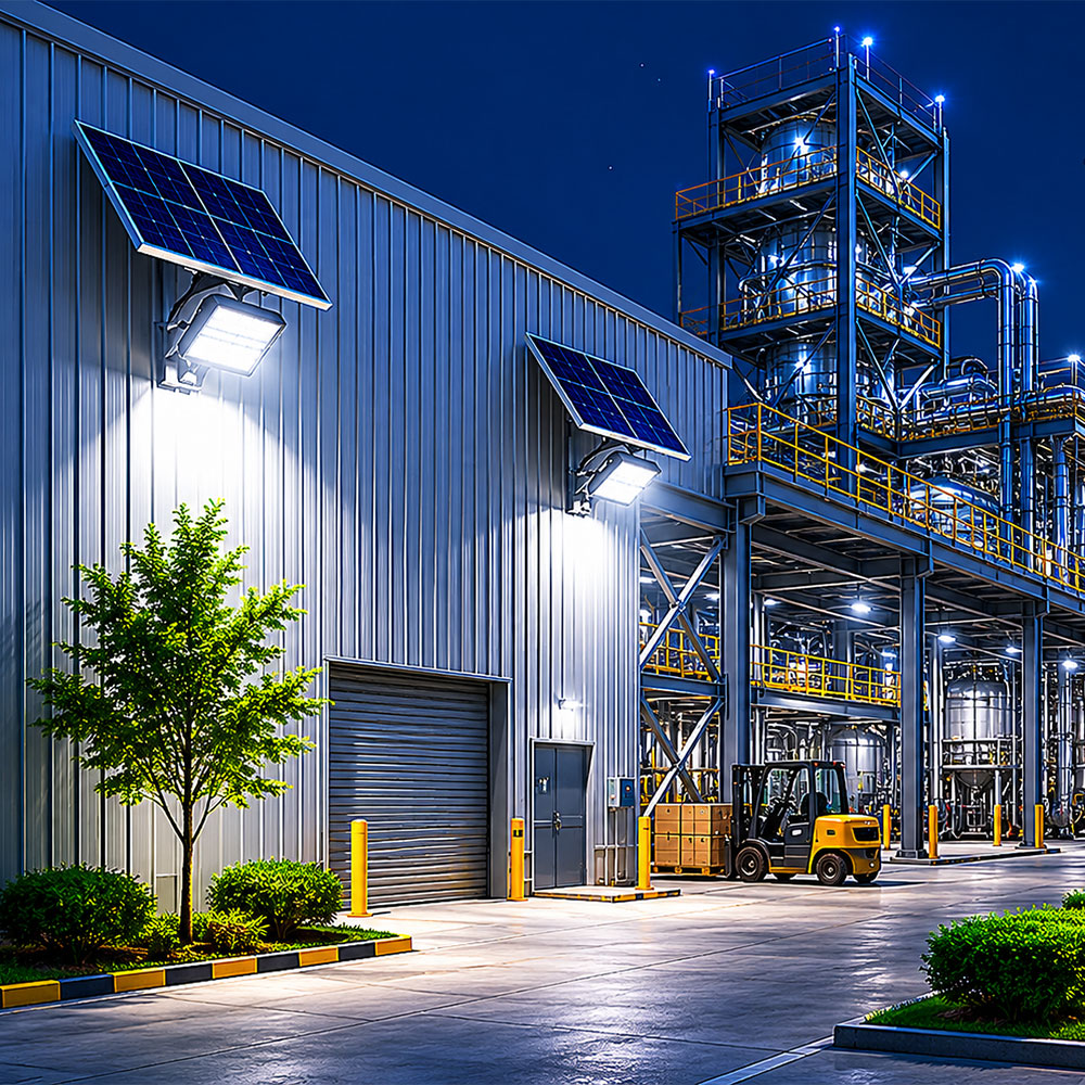 Solar high mast light towers illuminating a large industrial facility at night