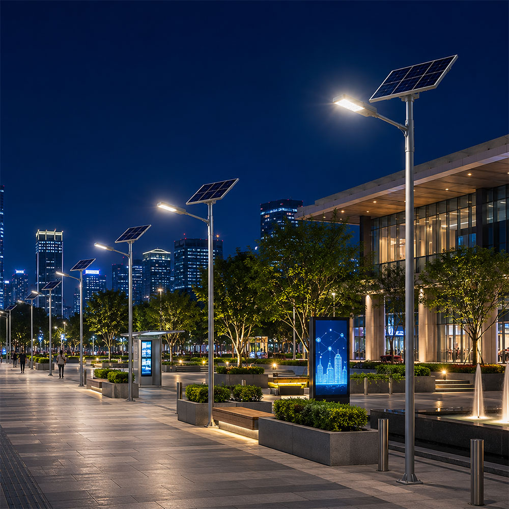 Smart city pedestrian plaza lit by modern solar street lights at night