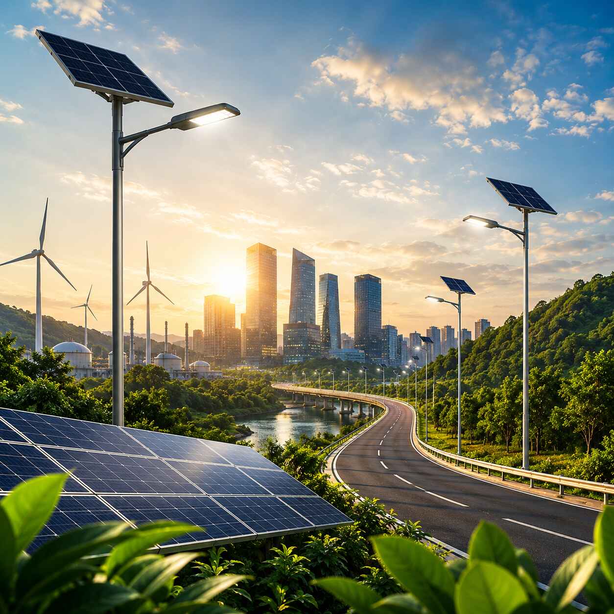 Solar panel arrays in a lush green landscape at sunrise — clean renewable energy infrastructure