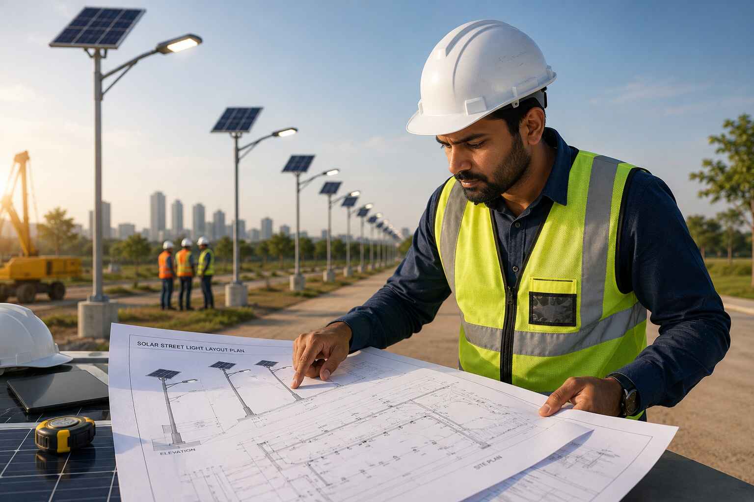 Aarnova Solar engineer reviewing solar lighting installation plans at a project site